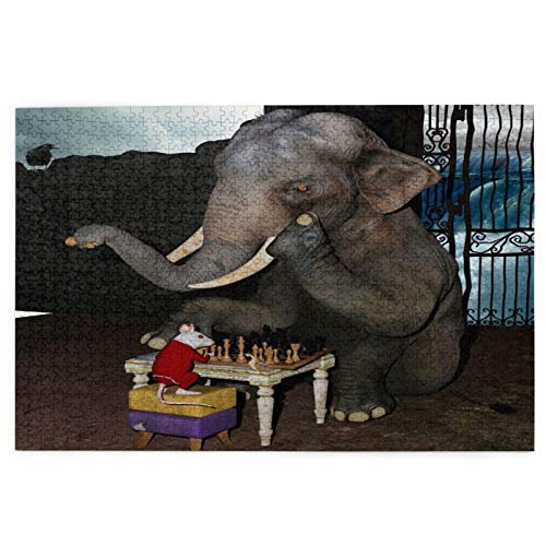 Rompecabezas de 1000 Piezas,Rompecabezas de imágenes,Animal Divertido Elefante y ratón Jugando al ajedrez,Juguetes Puzzle for Adultos niños Interesante Juego Juguete Decoración para El Hogar