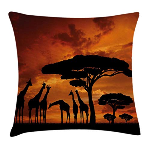 Safari Animal con Equipo de Jirafa con árbol al Amanecer en Kenia, Funda Decorativa de Almohada Decorativa Cuadrada, 18x18 Pulgadas PLW-137