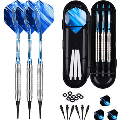 Sanfeng Dardos con punta de plástico de 18 g para diana electrónica, juego de 3 dardos de 16 g, ejes de aluminio azul, 50 puntas, 50 anillos de goma antipérdidas