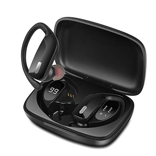 Sendowtek - Auriculares Bluetooth TWS inalámbricos Deportivos Auriculares con Bajos Profundos para Llamadas en el oído, Resistentes al Agua con micrófono, Pantalla LED Inteligente, Negro