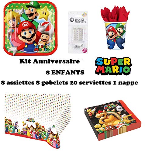 Set de Cumpleaños Completa Super Mario 8 niños (8 Platos, 8 Tazas, 20 servilletas,1 Mantel + 10 Velas mágicas ofrecidas) Fiesta Mesa de decoración