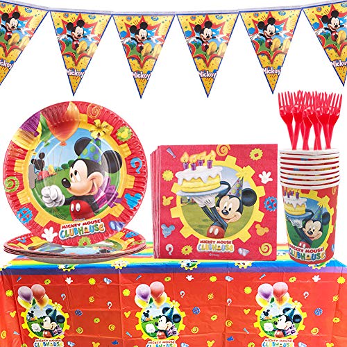 Set de Fiesta de cumpleaños de Mickey - WENTS 53PCS Disney Mickey Mouse Party Decoration Set Platos Tazas Servilletas Pack de Fiesta reciclable Mickey Mantel Sirve para 8 Invitados