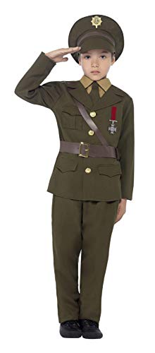 Smiffy'S 27536L Disfraz De Oficial Del Ejército Con Chaqueta Cinturón, Pantalón Y Gorro, Verde, L - Edad 10-12 Años