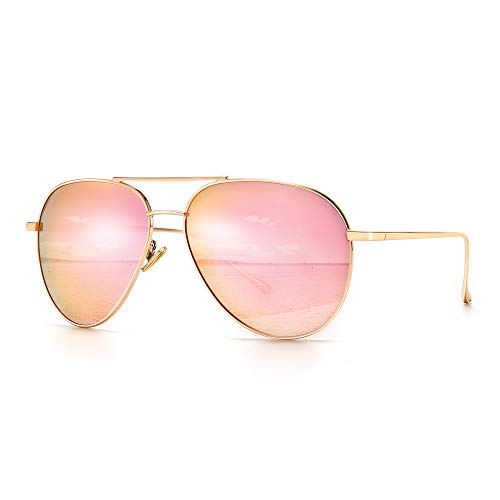 SUNGAIT Gran Tamaño Aviator Gafas de Sol Ligeras para Mujer con Lente Polarizada Espejada(Ligero-Oro/polarizadas Rosa)-SGT603