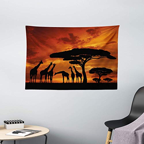 Tapiz de África, Safari Animal con Equipo de Jirafa con árbol majestuoso al Amanecer en Kenia, Colgante de Pared Ancha para Dormitorio, Dormitorio, Naranja Negro