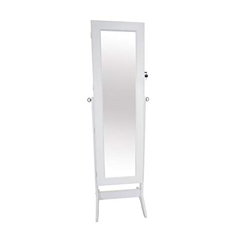 Todeco - Mueble para Joyas con Espejo, Organizador con Espejo - Material: MDF - Tamaño del espejo: 1086 x 255 x 3 mm - 120 x 38 x 9 cm, Blanco, Soporte de suelo