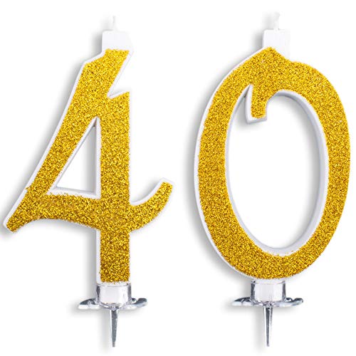 Velas Maxi 40 años para tarta fiesta cumpleaños 40 años | Decoraciones velas cumpleaños cumpleaños 40 | Decoración para tarta 40 | Fiesta temática | Altura 13 cm Oro Glitter