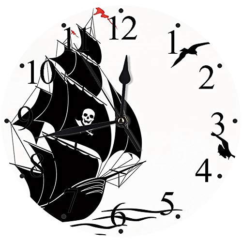 Yaoni Silencioso Wall Clock Decoración de hogar de Reloj de Redondo,Pirate, Silhouette of Old Sail Barco Pirata Flying Gaviotas Ocean Waves Jolly Roger Decorat,para Hogar, Sala de Estar, el Aula