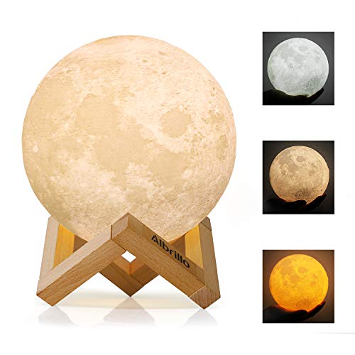 Albrillo Lámpara de Luna 3D - Luz Nocturna LED Lámpara de Lunar 15cm Regulable con 3 Colores, Control Táctil e USB Recargable, como Regalo o Decoracion