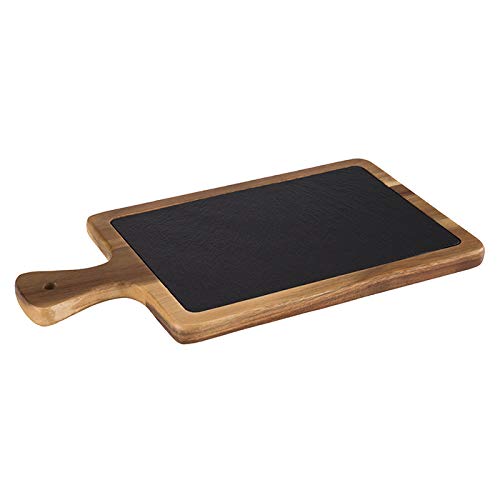 APS Tabla de servir, set de 2 piezas - 34 x 18 cm, tabla de madera rústica, tabla de corte de madera de acacia, tabla de madera con pizarra natural