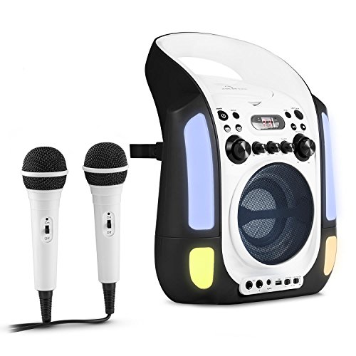 auna Kara Illumina - Equipo de Karaoke , Reproductor de CD y MP3 , Puerto USB , Entrada AUX , Salida de Video RCA , 2 x micrófonos 6,3 mm , Iluminación LED , Regulador Volumen , Color Blanco