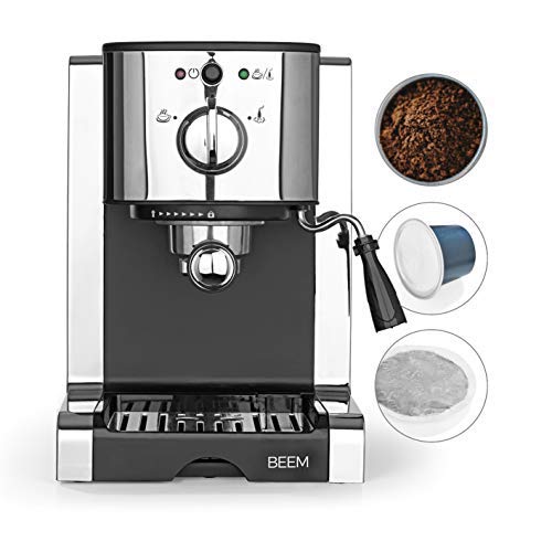 Beem 03260 Perfect | Máquina de café espresso con accesorio para cápsulas Nespresso de 20 bar | Selección básica | Boquilla de espuma de leche | Café en polvo, cápsulas, acero inoxidable
