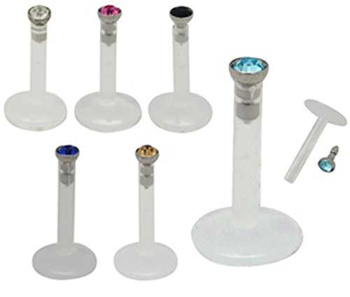 BodyTrend Bioplast Labret con Interno enhebrado 16 G (1,2 mm) – 1/4 Pulgadas (6 mm) con Rosca Interior CZ Cristal – 6 Unidades, uno de Cada Color – ganga Precio.