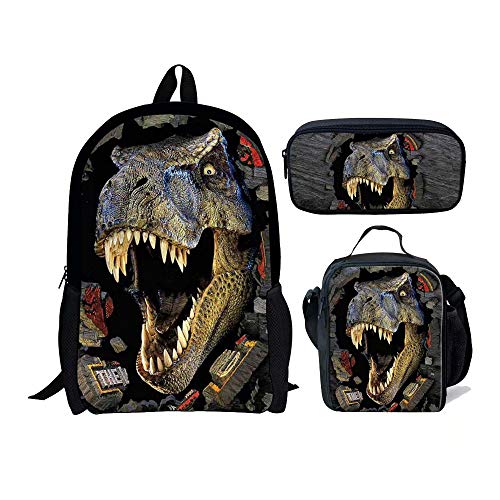 chaqlin - Juego de 3 bolsas de escuela para niños, mochila con bolsa de almuerzo, bolsa de lápices de dinosaurio, lobo, fútbol impreso, Mochila infantil, Multicolor