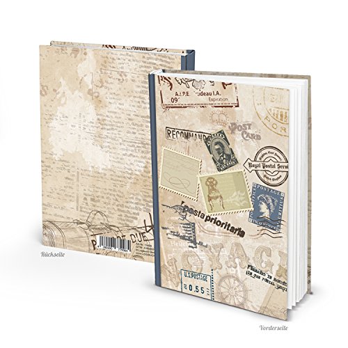 Cuaderno de viaje tamaño DIN A5, diseño vintage, color beige y azul, 136 páginas en blanco
