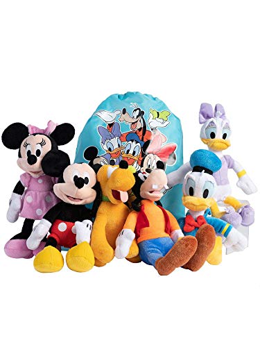Disney 11" Plush Mickey Minnie Mouse Donald Daisy Duck Goofy Pluto 6-Pack with Tote Bag (Pink Mesh Tote)