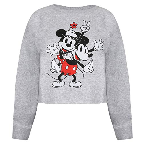 Disney Mickey & Minnie Mouse Peace Cropped Crew Sudadera Recortada, Gris, 38 para Mujer