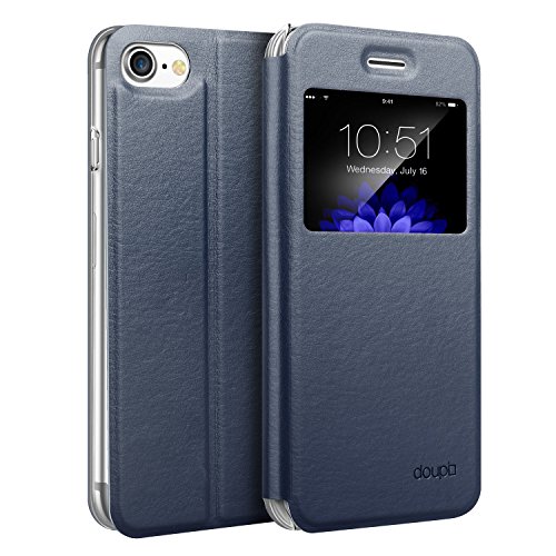 doupi Deluxe Ventana FlipCover para iPhone SE (2020) / iPhone 8/7 (4,7 Pulgada), Carcasa Case magnético Funda Caso tirón Estilo Libro Protector de Cuero Artificial, Azul