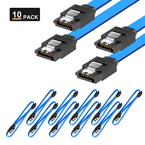 FIBOUND Set de 10 SATA III 6.0 Gbps Cable con Cierre de Bloqueo, para Conexión Entre SSD HDD Discos Duros y Placa Base con Clip de Seguridad, 40cm, Azul