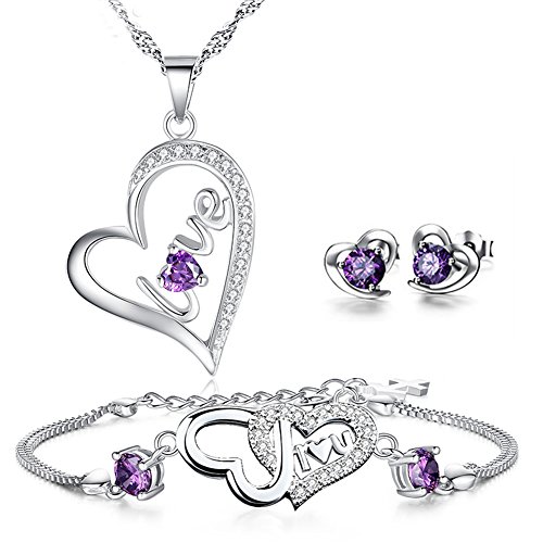 Forfamilyltd Conjunto de collar verdadera plata de ley 925 CZ púrpura del amor del corazón + juego + Stud Pendientes a juego del regalo de la pulsera de Bridemaid