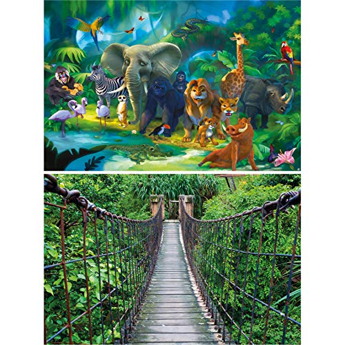 GREAT ART Set de 2 Posters XXL – Animales de la Selva - Jungla y Puente Colgante Plantas de la Selva Tropical cómic Aventura Safari Zoo Selva Foto decoración de la Pared (140 x 100cm)