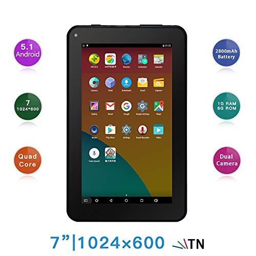 Haehne 7" Tablet PC - Google Android 5.1 Quad Core, 1G RAM 8GB ROM, Cámaras Duales 2.0MP + 0.3MP, 2800mAh, 1024 x 600 Pantalla, WiFi, Bluetooth, Negro
