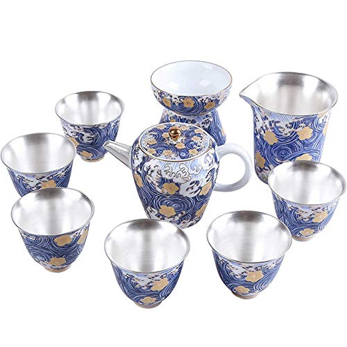 HUIKOP - Juego de Cuencos de té Chino/jingdezhen Kungfu Tradicional de Porcelana + 999 Plata Pura con Tetera y Tazas de té para Regalo de Amigos o Familia, 9 Piezas, A