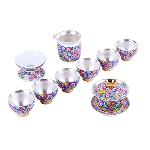 HUIKOP Porcelain+999 Juego de 9 Tazas de té Kungfu de Plata Pura Estilo Chino Hechas a Mano Kungfu y Tazas de té para Regalos de inauguración de la casa
