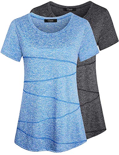 iClosam Camiseta para Mujer Yoga Deportiva Colores Lisos Fitness Transpirable Sueltos Gimnasio Ropa Algodon De Mujers (Gris Oscuro + Azul, L)