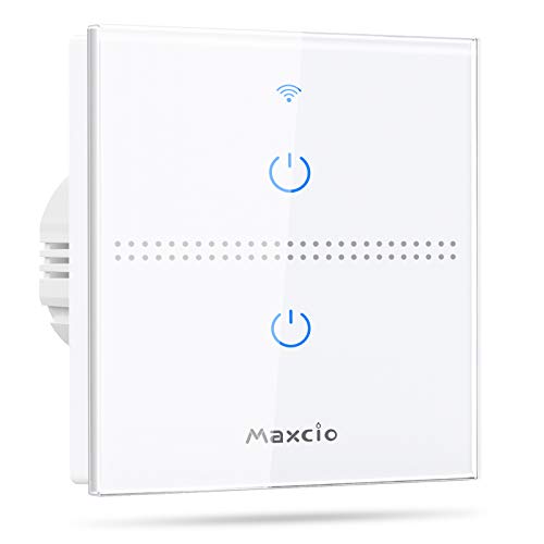 Interruptor Luz WiFi, Maxcio Interruptor Inteligente 2 Gang Compatible con Alexa, Google Home, Control de APP y Función de Temporizador, Se Necesita Neutro