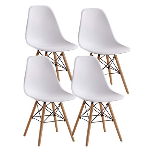 JIASEN Juego de 4 sillas de comedor de diseño moderno, sillas de comedor de plástico con patas de madera para oficina, cocina, dormitorio, color blanco
