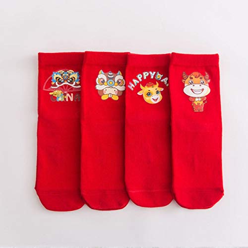 LIUYUNN 4 pares lindo año nuevo de dibujos animados de la vaca de impresión de calcetines rojos Unisex Calcetines de tubo medio suave elástico calcetines de algodón casual para el hogar, talla única