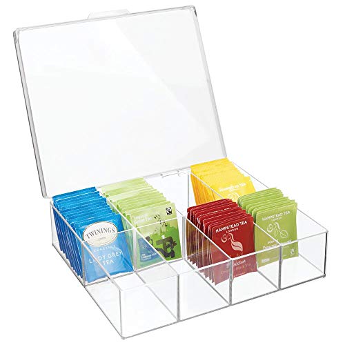 mDesign Organizador de cocina o despensa – Práctica caja de plástico con tapa y con ocho apartados – Caja con compartimentos ideal para té, café, especias y otros alimentos – transparente