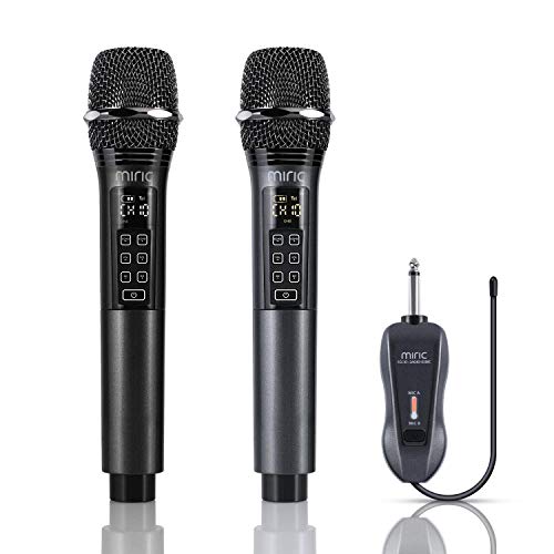 Miric Micrófono Inalámbrico Profesional Recargable, Microfono Karaoke Dinámico Dual con Control de Volumen y 10 Opciones de Canales UHF, para KTV, Fiesta Lugares de Entretenimiento