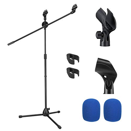 Moukey MMS-3 Soporte para micrófono, trípode con 2 clips antideslizantes para micrófono, 2 fundas de espuma, ajustable, plegable, color negro