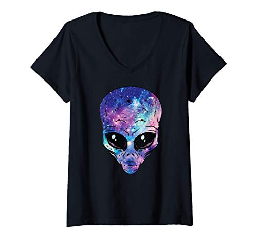 Mujer Alien Head Face Starry Night Sky UFO Hunter Space Graphic Camiseta Cuello V