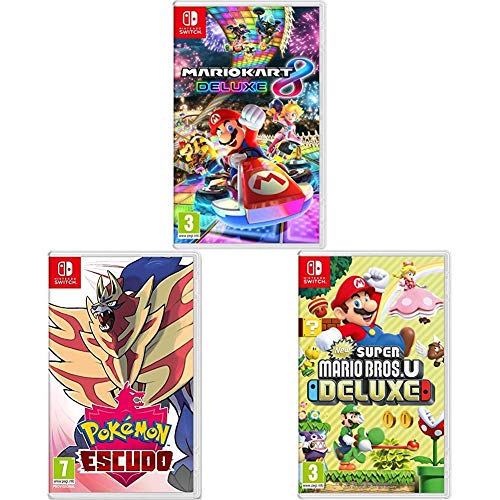 Nintendo Mario Kart 8 Deluxe + New Super Mario Bros. U Deluxe + Pokémon Escudo Switch