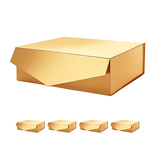 PACKHOME Caja de regalo grande, rectangular, 35,5x24x11,5cm, caja de regalo para dama de honor, caja de almacenamiento robusta, caja de regalo plegable con cierre magnético(oro brillante,5 cajas)