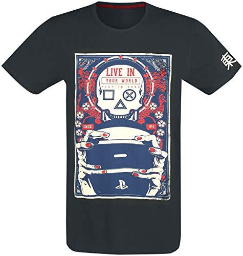 Playstation Camiseta Gaming Skull Live in Your World Logo Nue Oficial Hombre Negro L
