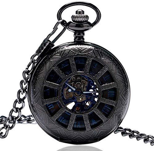 QTWW Reloj de Bolsillo y Reloj Reloj de Bolsillo Reloj Esqueleto Azul Ruedas de Pista Negras Huecas Que Cubren el Reloj de Bolsillo mecánico de Cuerda Manual para Hombres y Mujeres (Color: Negro)