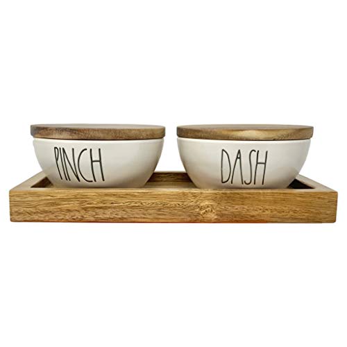 Rae Dunn By Magenta Set de 3 piezas de cerámica para salero y pimentero con bandeja de madera 2019 edición limitada