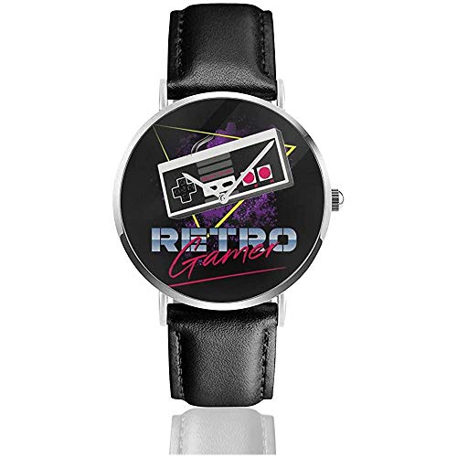 Retro Gamer SNES Controller Relojes Reloj de Cuero de Cuarzo con Correa de Cuero Negro para Regalo de colección