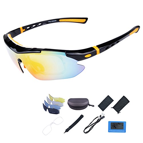 ShareWe Gafas de Ciclismo Unisex Gafas de Sol de Deportivas Polarizadas 5 Lentes Intercambiables para Deporte y Aire Libre Ciclismo Conducir Pesca Ski Esquiar Golf Correr (Negro + Naranja)