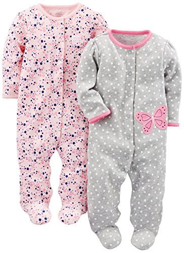 Simple Joys by Carter's Baby Girls paquete de 2 pies de algodón para dormir y jugar ,Gray Butterfly/Pink Floral ,0-3 Meses