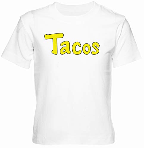 Tacos! Blanco Unisexo Niño Niña Camiseta Manga Corta Tamaño L Kids Boys Girls T-Shirt White Size L