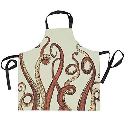 TropicalLife HaJie - Delantal ajustable con babero con diseño de animales marinos y tentáculos y pulpos, con 2 bolsillos para hombres y mujeres, cocina, unisex, ropa de trabajo