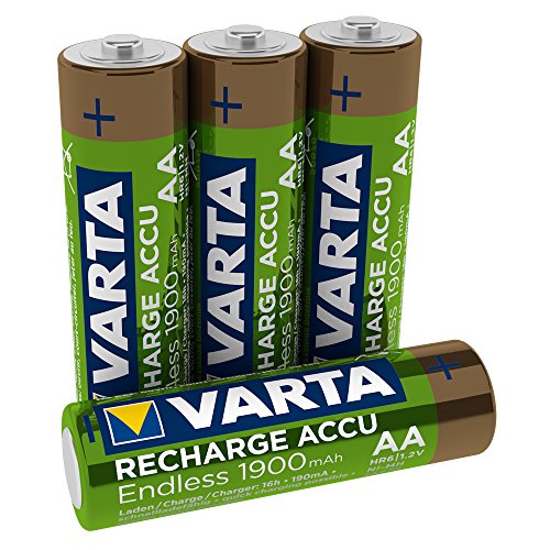 VARTA Endless Energy - Pack de 4 Pilas AA Recargables (NiMH, 2100 ciclos, 1900 mAh, precargadas)