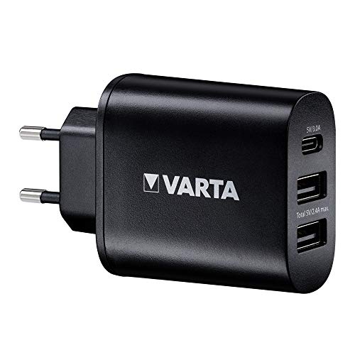 VARTA Wall Charger incluyendo cable USB tipo C, 3 puertos USB: 1x UBS tipo C 3.0A y 2x USB A 2.4A compartido