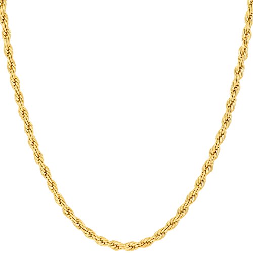 Vida joyas 2 mm cuerda cadena, 24 K oro con incrustaciones bronce Premium Fashion joyas collar colgante hecho de llevar solo o con colgantes, garantía de por vida, 16 A 36 pulgadas