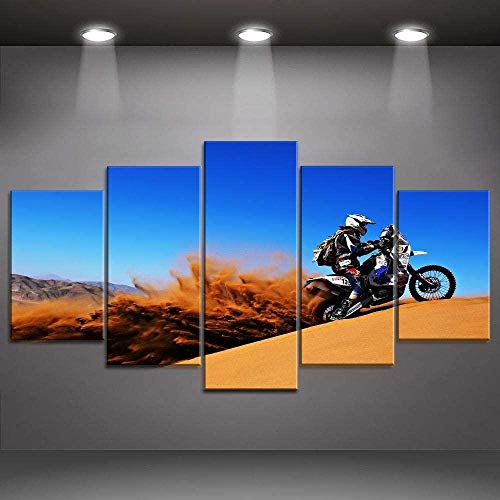 5 cuadros de lienzo imágenes de impresión de alta definición Imágenes de fondo de dormitorio y carteles enmarcados- Africa Dakar Rally Desert Drift Dune Motocross Competición de motos
